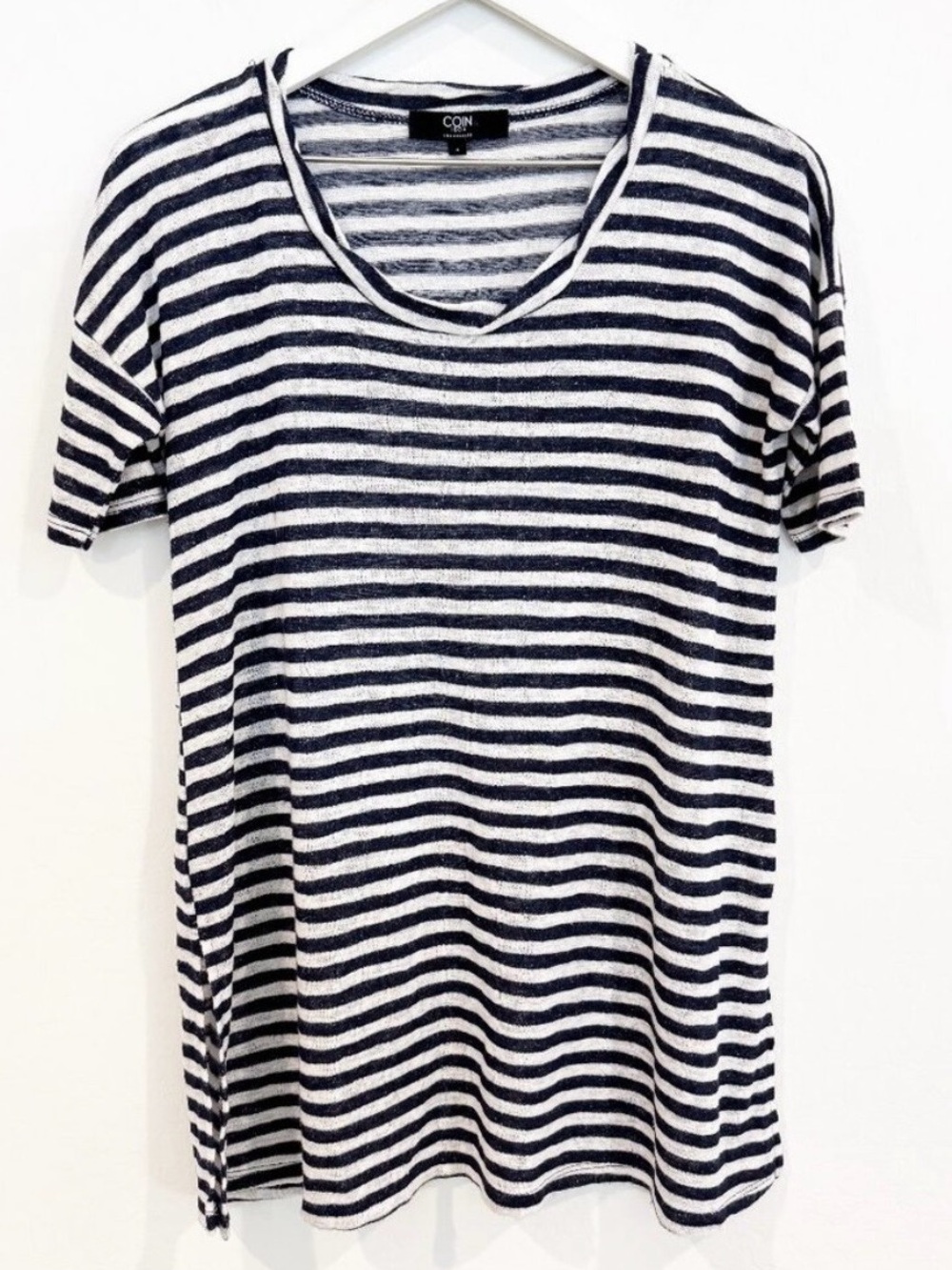Coin 1804 Top Size S Blue White Striped Slub Scoop Neck Casual Shirt Beachy Boho